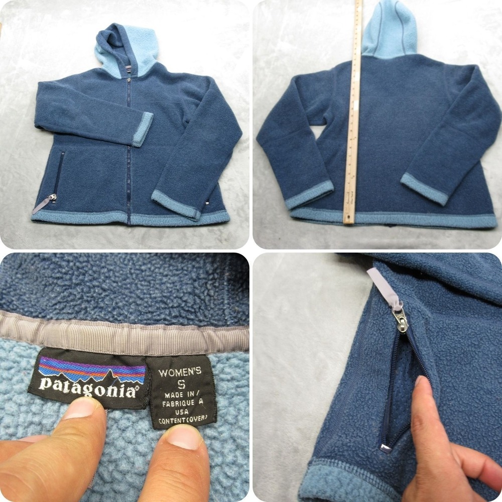 Patagonia Jacket Women Small Blue Pockets Fleece Full Zip Hooded USA VTG READ